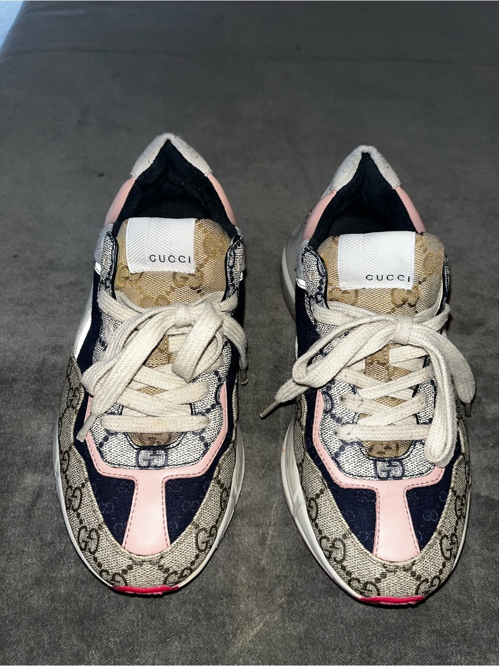 Gucci Beige Monogram Sneakers with Pink and Navy Accents - Picture 1 of 4
